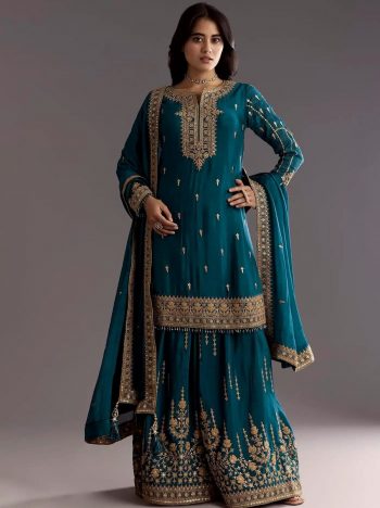 ATTRACTIVE CHINON SILK EMBROIDERY CODING SEQUENCE WORK WITH REAL MIRROR WORK TOP PALAZZO WITH DUPATTA GREEN