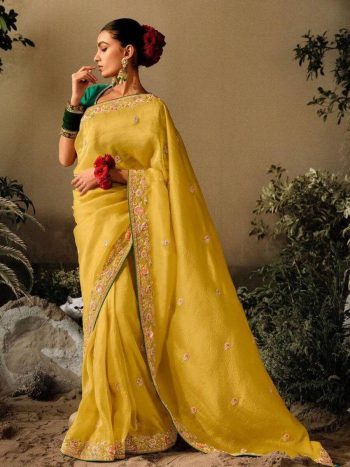 ATTRACTIVE CHINON SILK EMBROIDERY WITH PIPING BORDER WORK SAREE WITH UNSTITCHED BLOUSE YELLOW