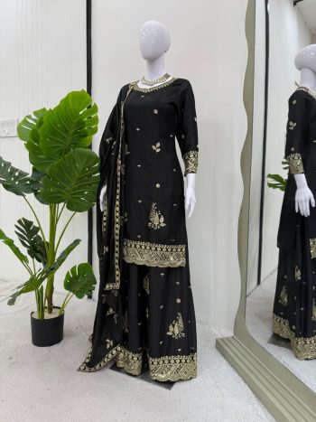 ATTRACTIVE CHINON SILK THREAD AND SEQUENCE WORK TOP PALAZZO WITH DUPATTA BLACK