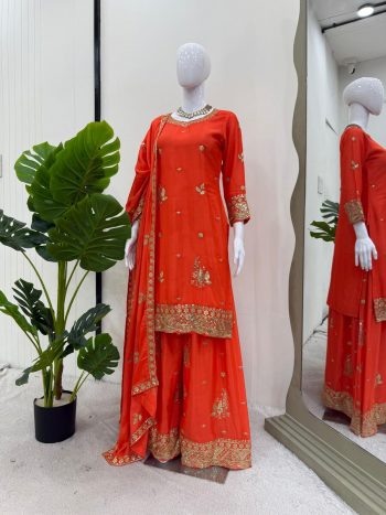 ATTRACTIVE CHINON SILK THREAD AND SEQUENCE WORK TOP PALAZZO WITH DUPATTA ORANGE