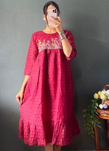 ATTRACTIVE COTTON EMBROIDERY MAXI DRESS ONE PEICE MAROON