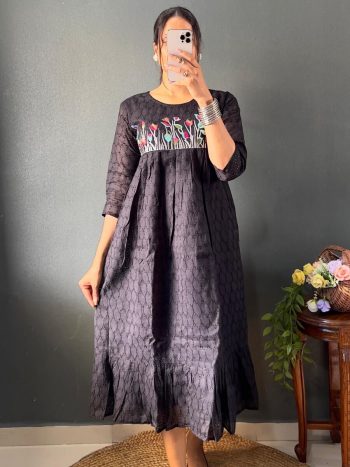 ATTRACTIVE COTTON EMBROIDERY MAXI DRESS ONE PEICE BLACK