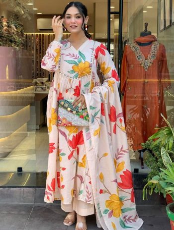ATTRACTIVE COTTON EMROIDERY WITH PRINTED WORK TOP BOTTOM WITH DUPATTA MULTI