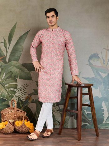 ATTRACTIVE COTTON SCHIFFLI  CROCHET SEQUENCE WORK WITH DIGITAL PRINT MEN'S KURTA BABY PINK