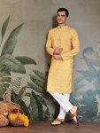 ATTRACTIVE COTTON SCHIFFLI  CROCHET SEQUENCE WORK WITH DIGITAL PRINT MEN'S KURTA YELLOW
