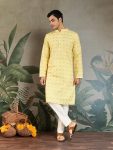 ATTRACTIVE COTTON SCHIFFLI  CROCHET SEQUENCE WORK WITH DIGITAL PRINT MEN'S KURTA LEMON