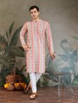 ATTRACTIVE COTTON SCHIFFLI  CROCHET SEQUENCE WORK WITH DIGITAL PRINT MEN'S KURTA PEACH