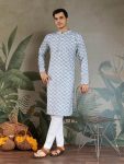 ATTRACTIVE COTTON SCHIFFLI  CROCHET SEQUENCE WORK WITH DIGITAL PRINT MEN'S KURTA SKY
