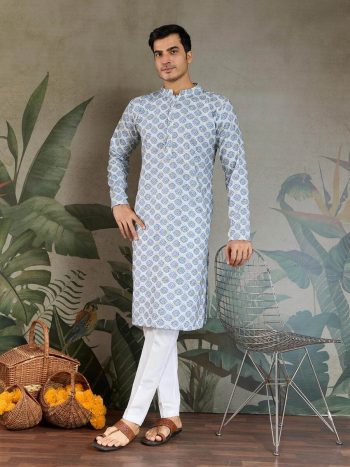 ATTRACTIVE COTTON SCHIFFLI  CROCHET SEQUENCE WORK WITH DIGITAL PRINT MEN'S KURTA SKY