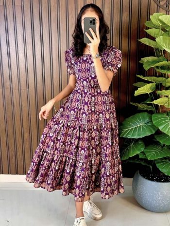 ATTRACTIVE COTTON SILK DIGITAL PRINT WORK ONE PEICE DRESS WINE