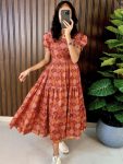 ATTRACTIVE COTTON SILK DIGITAL PRINT WORK ONE PEICE DRESS BROWN