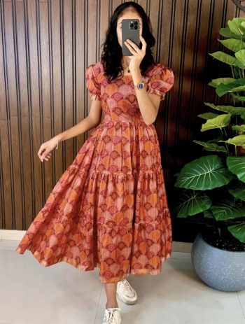ATTRACTIVE COTTON SILK DIGITAL PRINT WORK ONE PEICE DRESS BROWN