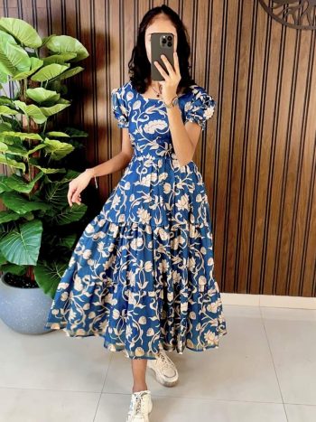 ATTRACTIVE COTTON SILK DIGITAL PRINT WORK ONE PEICE DRESS BLUE
