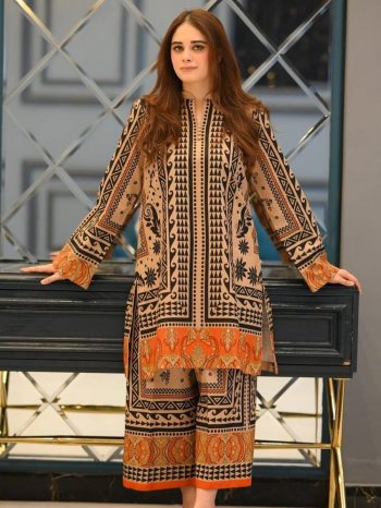 ATTRACTIVE CREPE DIGITAL PRINT WORK CO-ORD SET ORANGE