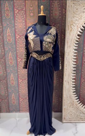 ATTRACTIVE CREPE EMBROIDERY AND SEQUENCE WORK BLOUSE SKIRT WITH KOTI NAVY BLUE