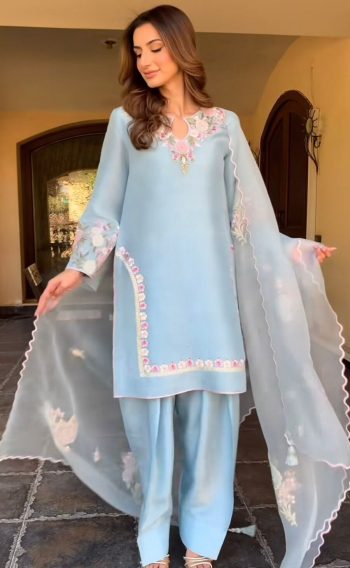 ATTRACTIVE CREPE EMBROIDERY WORK TOP PATIYALA WITH DUPATTA SKY