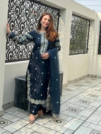 ATTRACTIVE CREPE SEQUENCE EMBROIDERY WORK TOP BOTTOM WITH DUPATTA TEAL