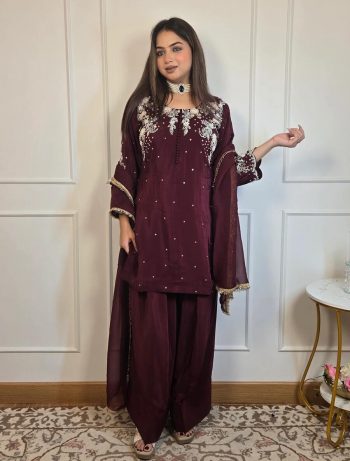 ATTRACTIVE CREPE SEQUENCE EMBROIDERY WORK TOP PATIYALA WITH DUPATTA MAROON