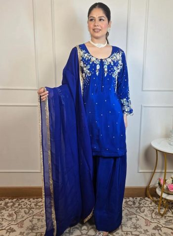 ATTRACTIVE CREPE SEQUENCE EMBROIDERY WORK TOP PATIYALA WITH DUPATTA BLUE