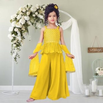 ATTRACTIVE CREPE SEQUENCE WORK KID'S TOP PALAZZO WITH DUPATTA YELLOW