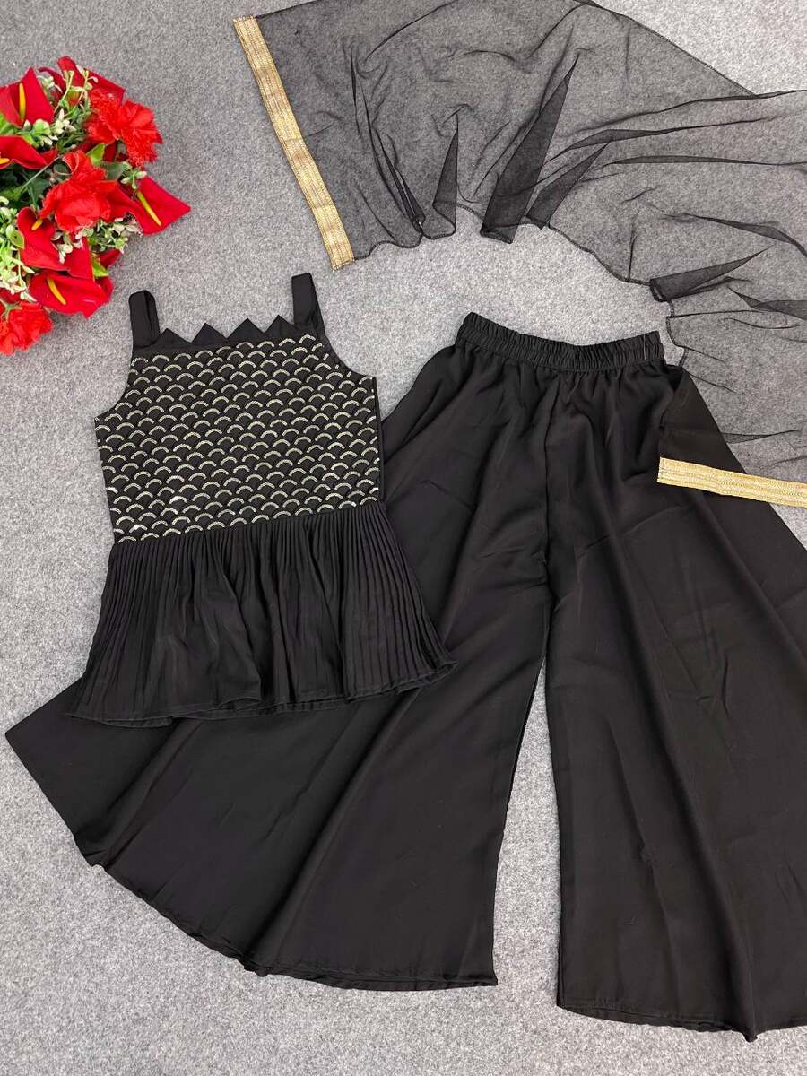 ATTRACTIVE CREPE SEQUENCE WORK KID'S TOP PALAZZO WITH DUPATTA PARTY WEAR WHOLESALE PRICE ETHNIC GARMENT (2)