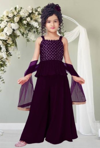 ATTRACTIVE CREPE SEQUENCE WORK KID'S TOP PALAZZO WITH DUPATTA PURPLE