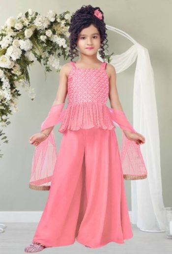 ATTRACTIVE CREPE SEQUENCE WORK KID'S TOP PALAZZO WITH DUPATTA BABY PINK