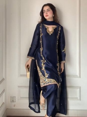 ATTRACTIVE CREPE SILK HAND WORK TOP PATIYALA WITH DUPATTA NAVY BLUE
