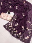 ATTRACTIVE  CRUNCHY CHIFFON HAND WORK SAREE WITH UNSTITCHED BLOUSE PURPLE
