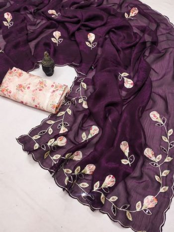 ATTRACTIVE  CRUNCHY CHIFFON HAND WORK SAREE WITH UNSTITCHED BLOUSE PURPLE