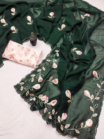 ATTRACTIVE  CRUNCHY CHIFFON HAND WORK SAREE WITH UNSTITCHED BLOUSE GREEN