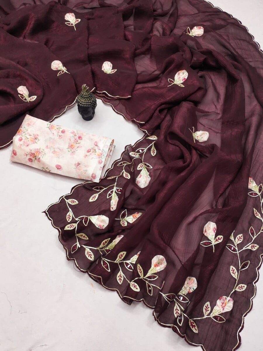 ATTRACTIVE CRUNCHY CHIFFON HAND WORK SAREE WITH UNSTITCHED BLOUSE PARTY WEAR WHOLESALE PRICE ETHNIC GARMENT (13)