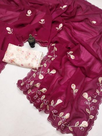 ATTRACTIVE CRUNCHY CHIFFON HAND WORK SAREE WITH UNSTITCHED BLOUSE RANI