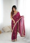 ATTRACTIVE CRUSH EMBROIDERY THREADS, CODING & SEQUENCE WORK SAREE WITH UNSTITCHED BLOUSE PINK