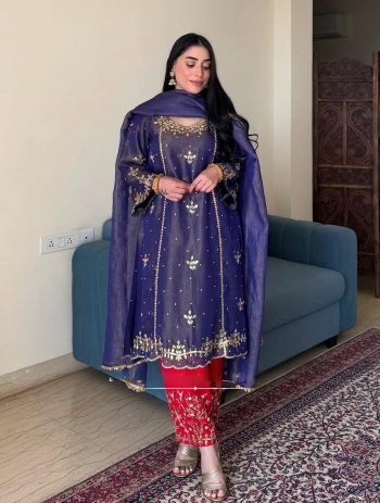 ATTRACTIVE CRUSH SILK EMBROIDERY SEQUENCE WITH  REVET MOTI WORK TOP PALAZZO WITH DUPATTA  BLUE