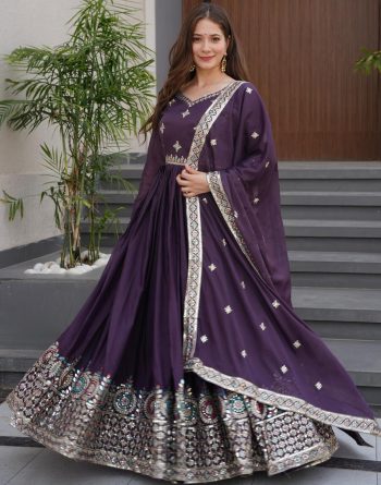 ATTRACTIVE DIAMOND SILK EMBROIDERY THREAD SEQUENCE WORK GOWN WITH DUPATTA LAVENDER