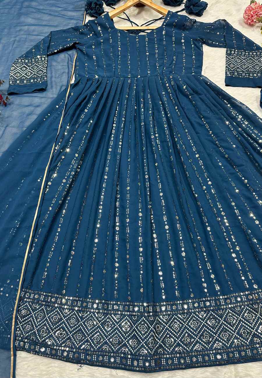 ATTRACTIVE FAUX BLOOMING SEQUENCE & THREAD EMBROIDERY WORK ANARKALI BOTTOM WITH DUPATTA WEDDING WEAR WHOLESALE PRICE ETHNIC GARMENT (13)