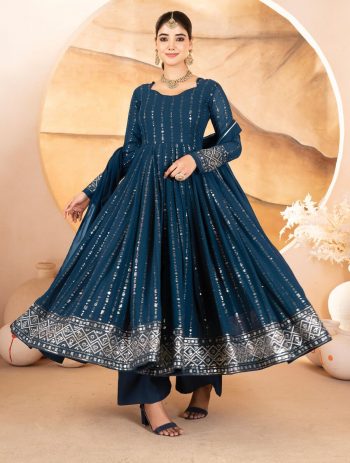 ATTRACTIVE FAUX BLOOMING SEQUENCE  & THREAD EMBROIDERY WORK ANARKALI BOTTOM WITH DUPATTA TEAL