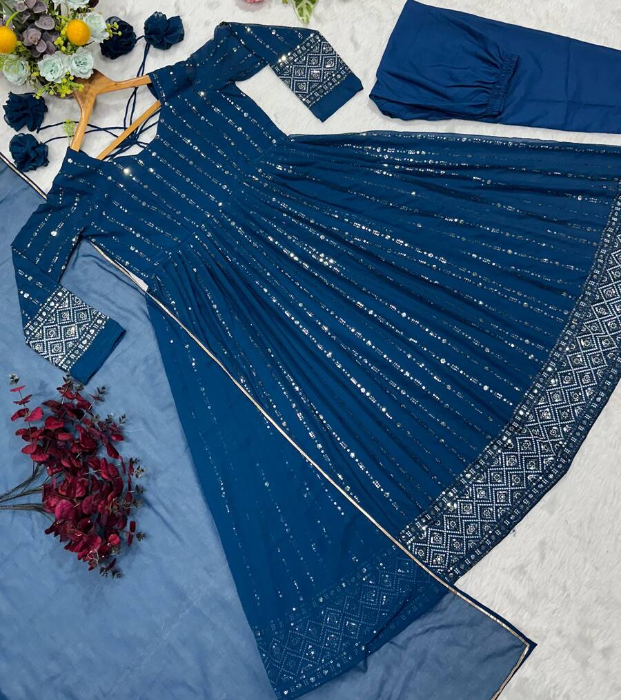 ATTRACTIVE FAUX BLOOMING SEQUENCE & THREAD EMBROIDERY WORK ANARKALI BOTTOM WITH DUPATTA WEDDING WEAR WHOLESALE PRICE ETHNIC GARMENT (18)