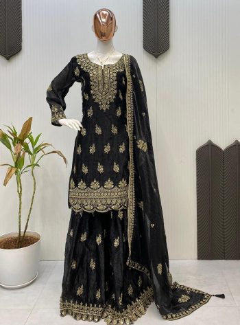 ATTRACTIVE FENDY SEQUENCE EMBROIDERY WORK TOP SHARARA WITH DUPATTA BLACK