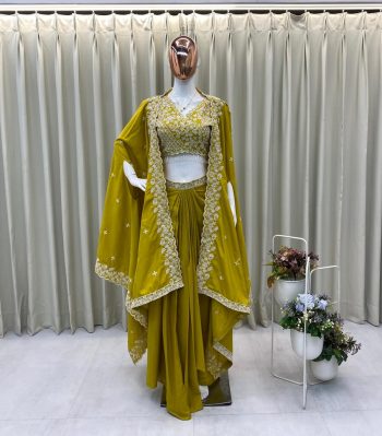 ATTRACTIVE FRENCH CREPE SEQUANCE EMBROIDERY WORK DRAPE SKIRT BLOUSE WITH SHRUG PARROT GREEN