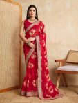 ATTRACTIVE GEORGETTE BANDHEJ PRINT AND EMBROIDERY WORK SAREE WITH UNSTITCHED BLOUSE RED