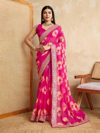 ATTRACTIVE GEORGETTE BANDHEJ PRINT AND EMBROIDERY WORK SAREE WITH UNSTITCHED BLOUSE PINK