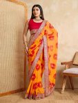 ATTRACTIVE GEORGETTE BANDHEJ PRINT AND EMBROIDERY WORK SAREE WITH UNSTITCHED BLOUSE YELLOW