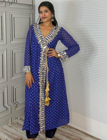 ATTRACTIVE GEORGETTE CODED EMBROIDERY WITH ORIGINAL MIRROR WORK TOP PENT SET BLUE