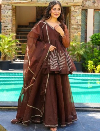 ATTRACTIVE GEORGETTE CODING WORK TOP PALAZZO WITH DUPATTA BROWN
