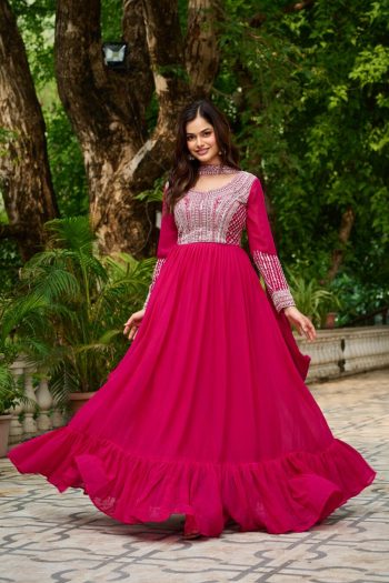 ATTRACTIVE GEORGETTE EMBROIDERY BEADS SEQUENCE -WORK GOWN WITH DUPATTA PINK