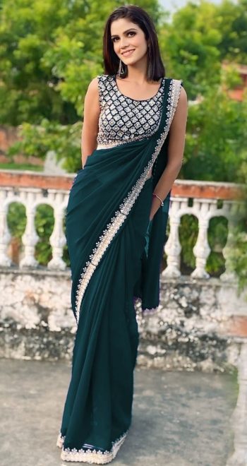 ATTRACTIVE GEORGETTE EMBROIDERY CUTWORK LACE SAREE WITH UNSTITCHED BLOUSE GREEN