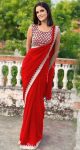 ATTRACTIVE GEORGETTE EMBROIDERY CUTWORK LACE SAREE WITH UNSTITCHED BLOUSE RED