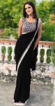 ATTRACTIVE GEORGETTE EMBROIDERY CUTWORK LACE SAREE WITH UNSTITCHED BLOUSE BLACK
